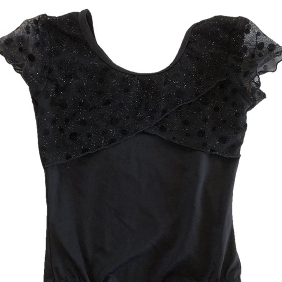 Black Leotard with Shimmery Polka Dot Mesh Ruffles and Flutter Sleeves - Picture 7 of 9
